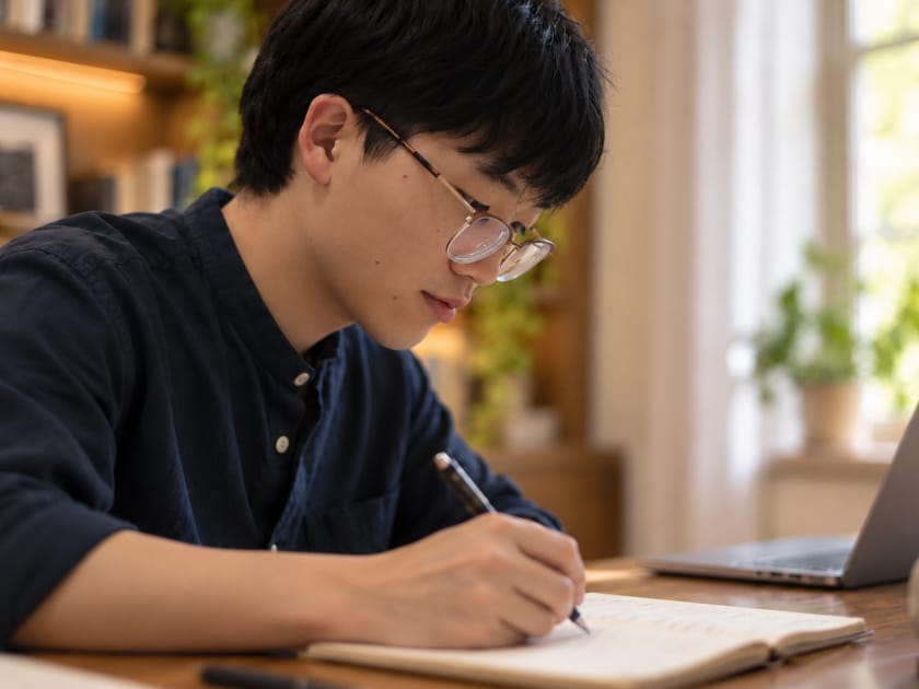 Justin Suh, founder of Vello Digital, writing in a notebook at his desk, laptop open beside him